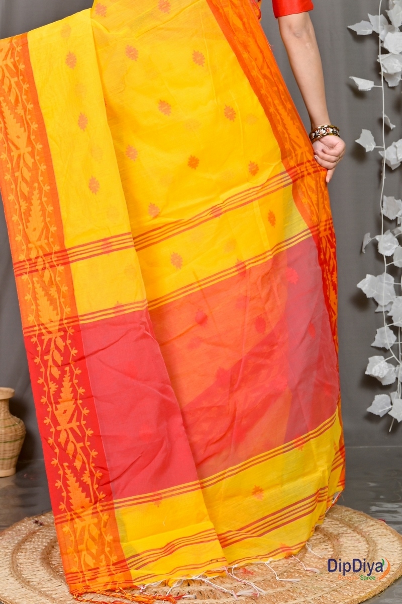 Yellow Red Cotton Blended Parul Hand Loom Saree (550)